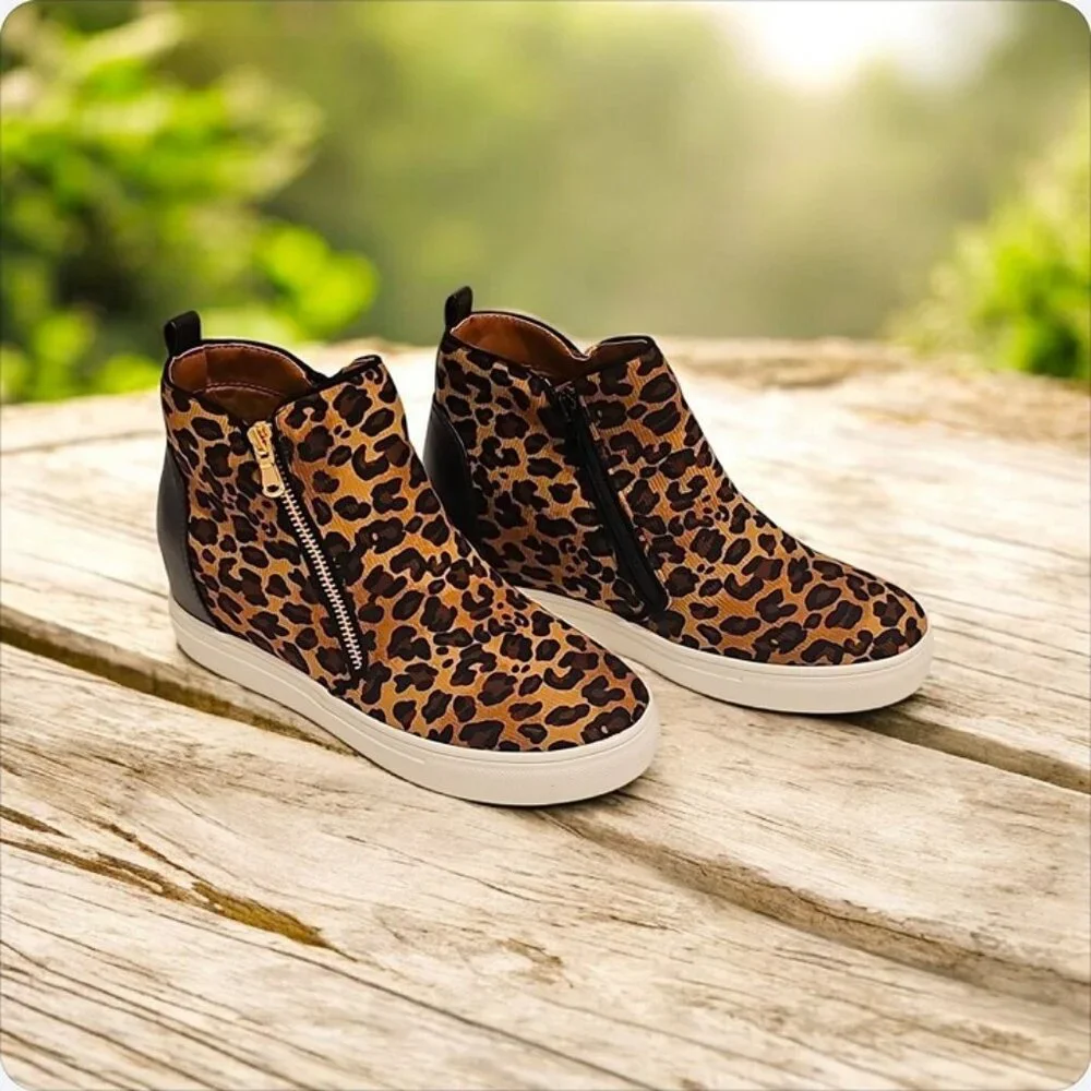 Leopard Print Side-Zip Wedge Sneakers For Women Faux Leather Upper Rubber Sole - Picture 2 of 10